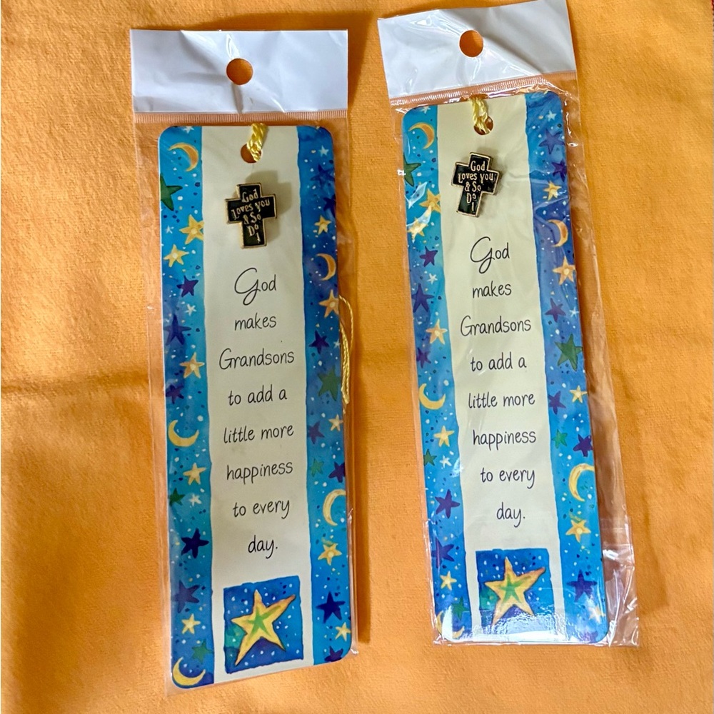 Two “Grandson” Religious Bookmarks with Lapel Pin & Yellow Tassel.  NIP